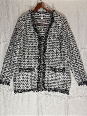 Isaac Mizrahi Black and White Tweed Fringe Trim Jacket